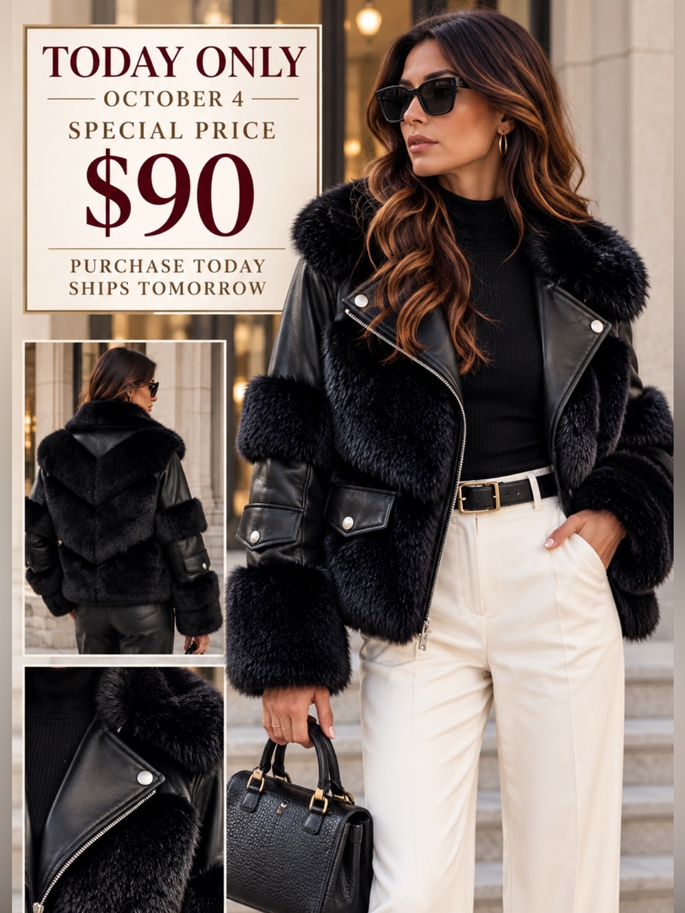 Black Faux Fur Leather Moto Jacket Statement Coat Women’s Large